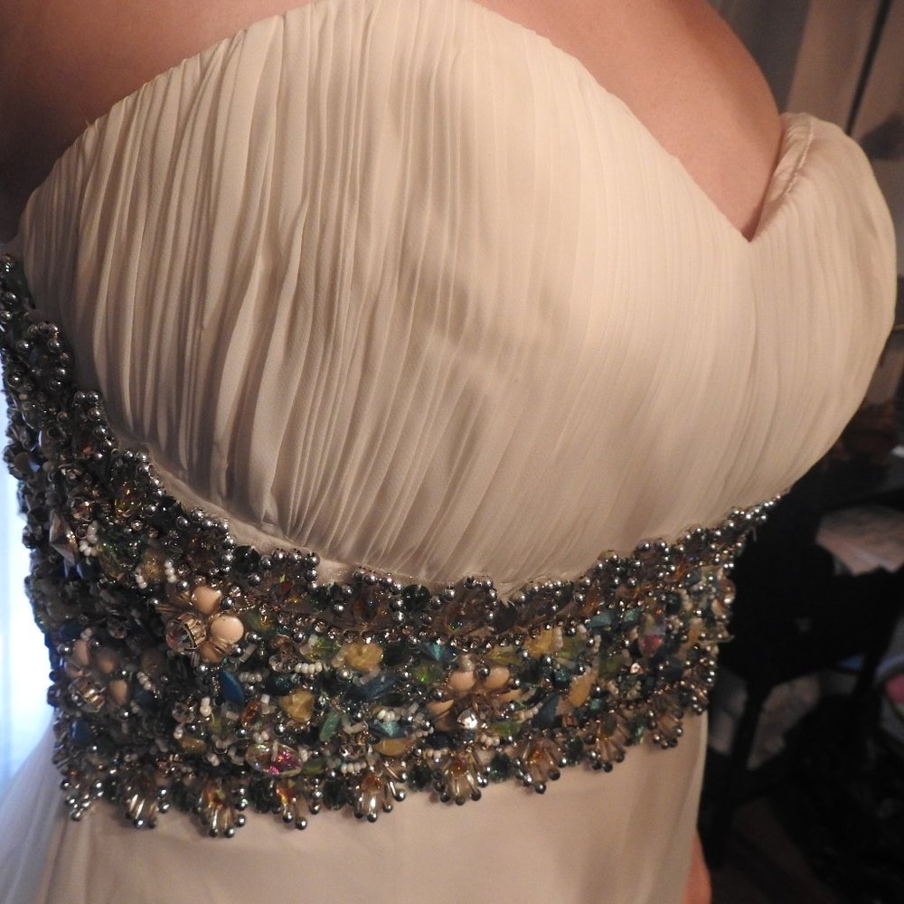 White Sherri Hill Jewel Encrusted Gown teal silver - Picture 2 of 15